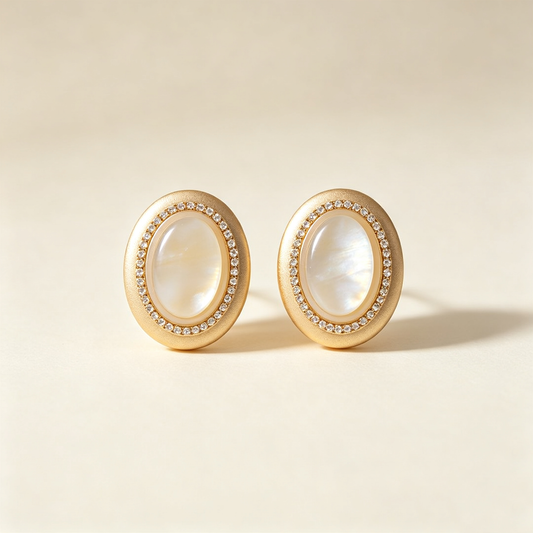 Oval Mother of Pearl Halo Gold Stud Earrings