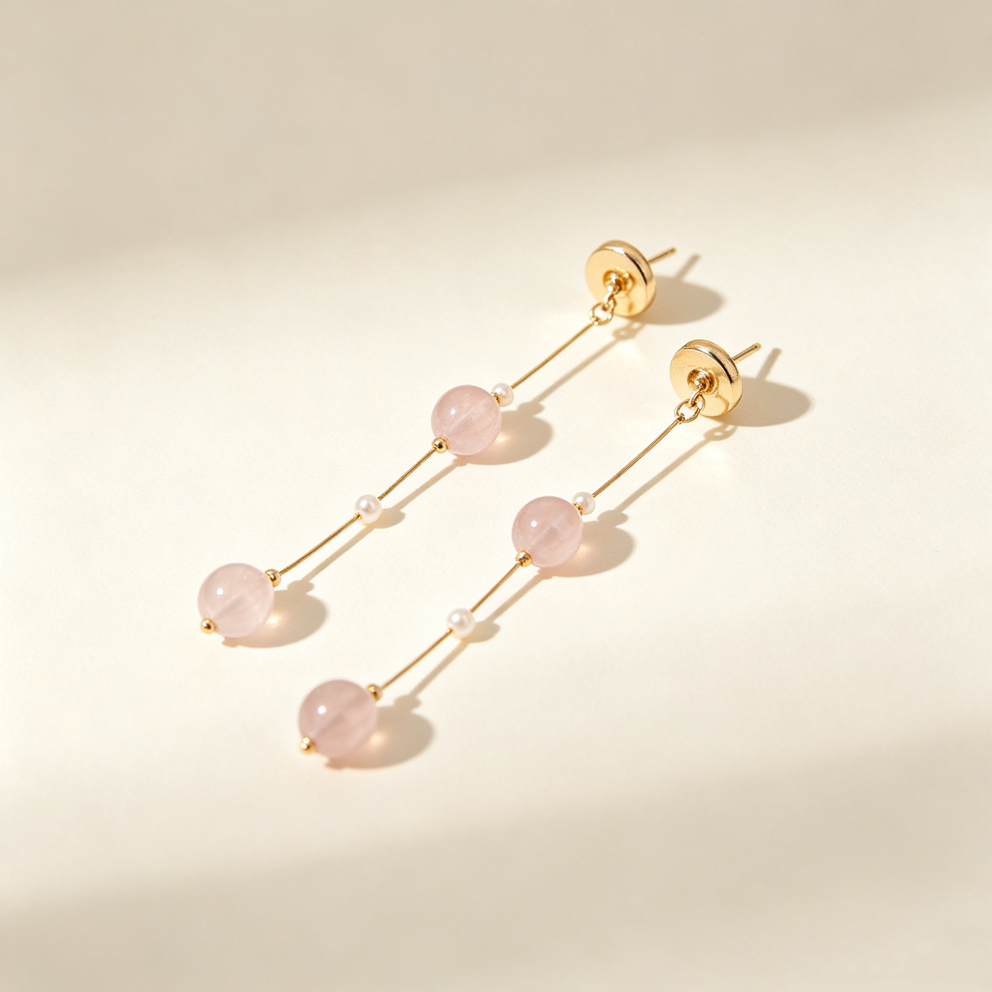 Pink Rose Quartz Long Bead Drop Earrings
