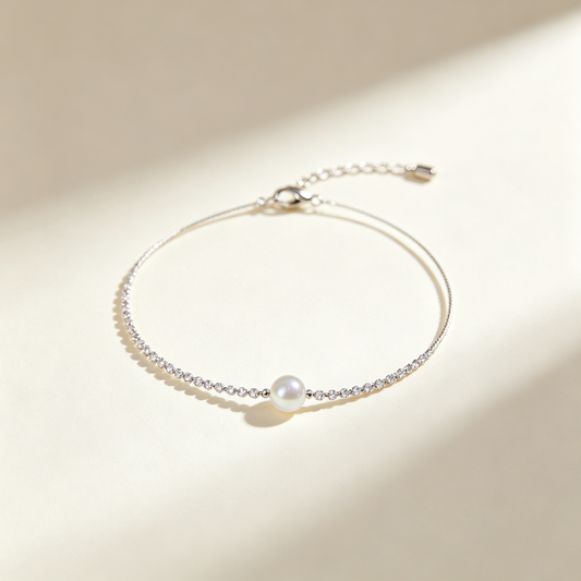 Single Pearl Tiny Diamond Silver Bracelet