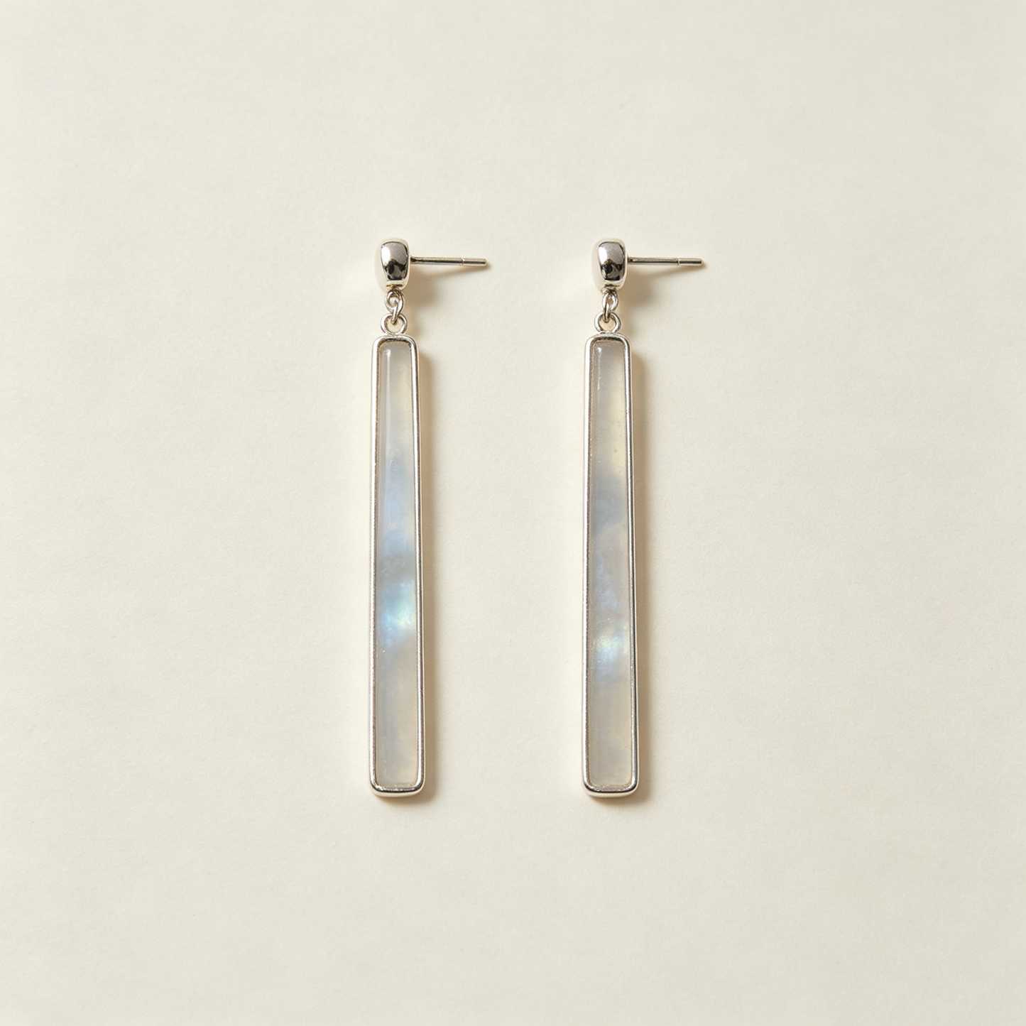 Long Rectangle Moonstone Silver Drop Earrings