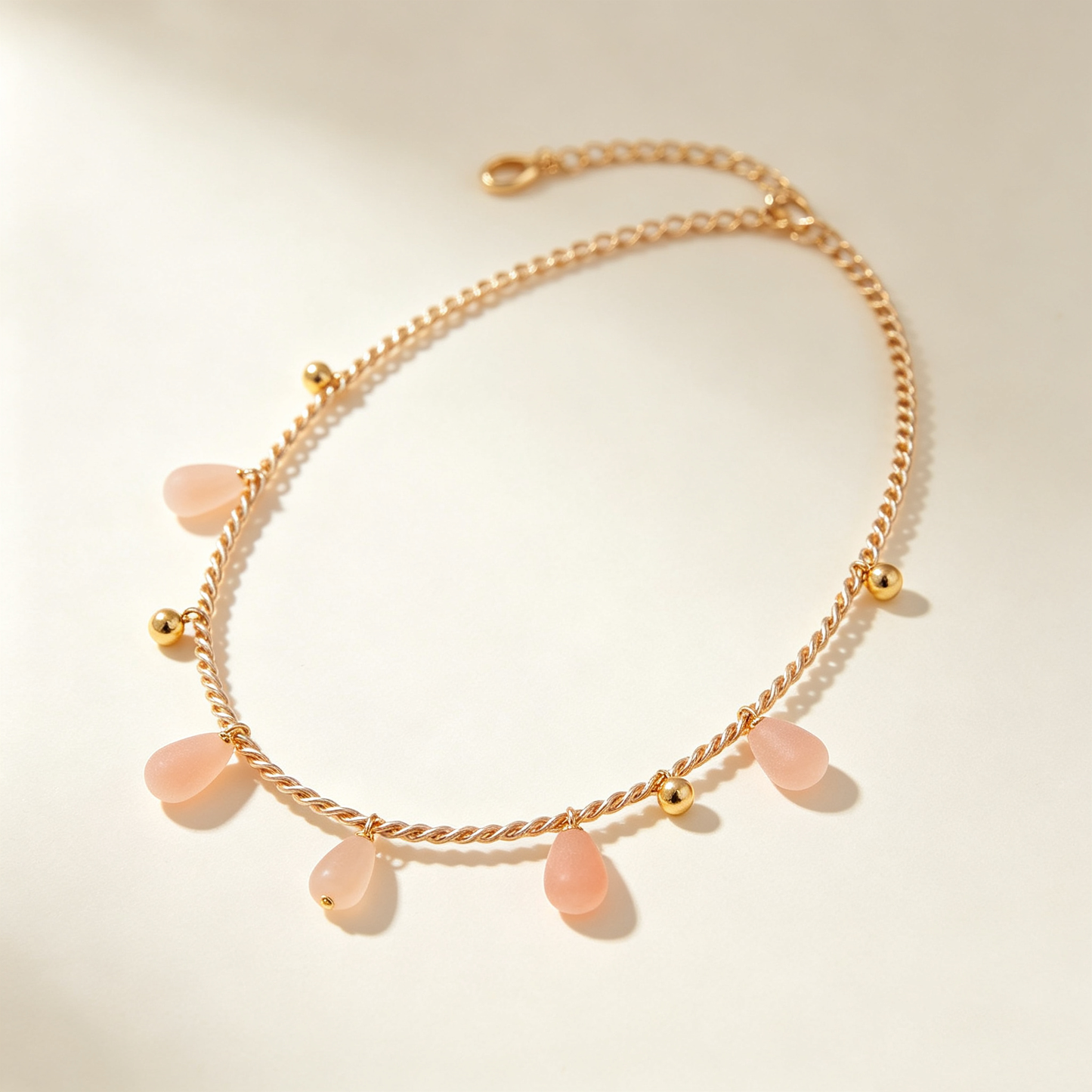 Pink Matte Teardrop Twist Gold Necklace