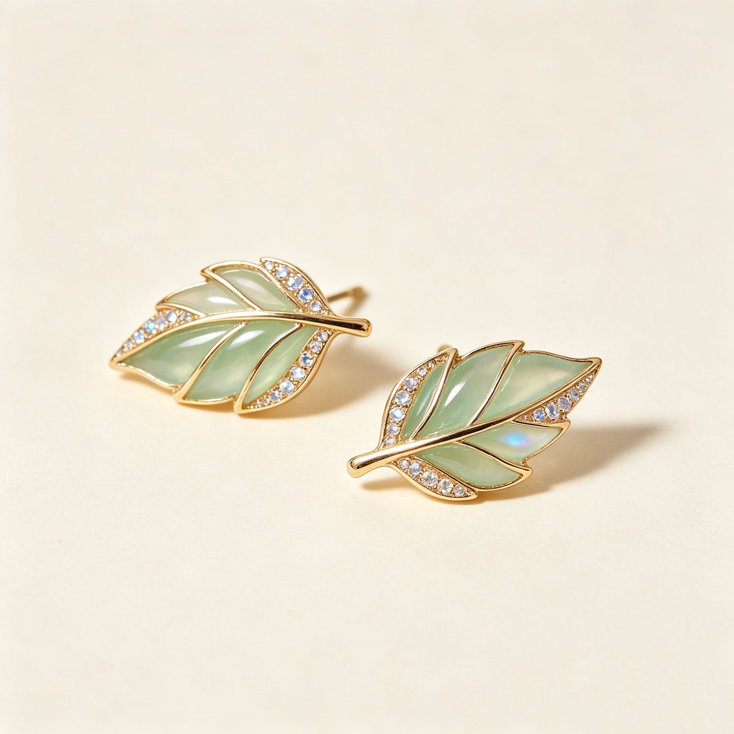 Green Leaf Crystal Gold Stud Earrings