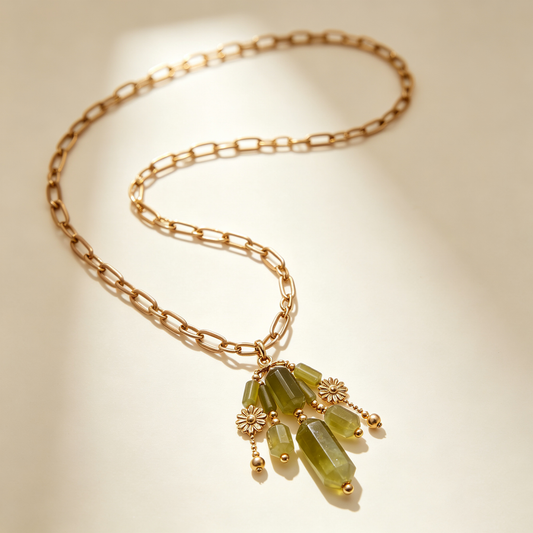 Olive Jade Daisy Paperclip Long Necklace