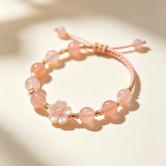 Pink Quartz Cherry Blossom Woven Bracelet