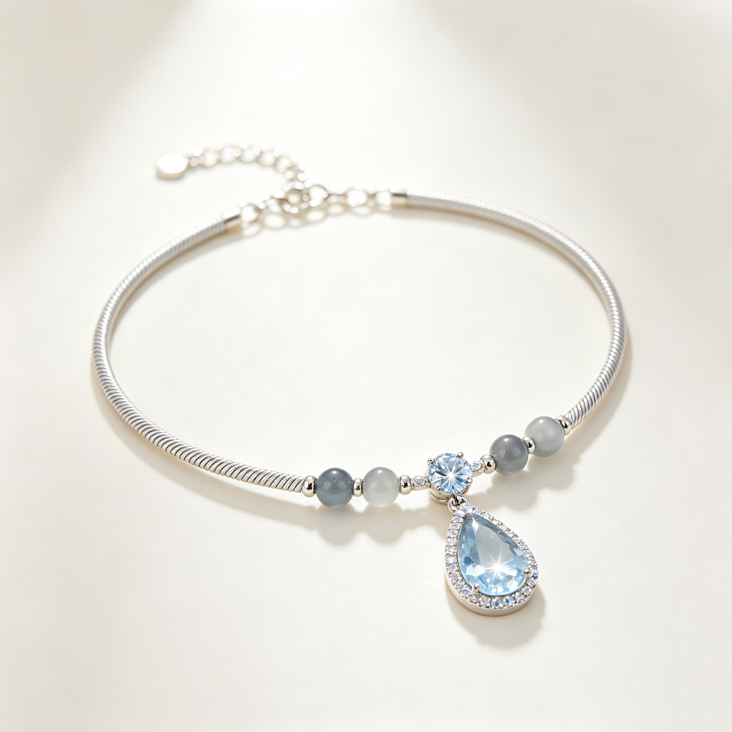 Blue Teardrop Crystal Silver Snake Choker