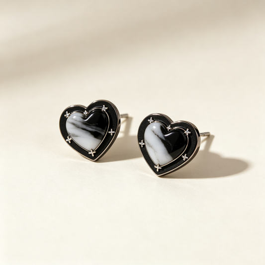 Black White Marble Heart Star Stud Earrings