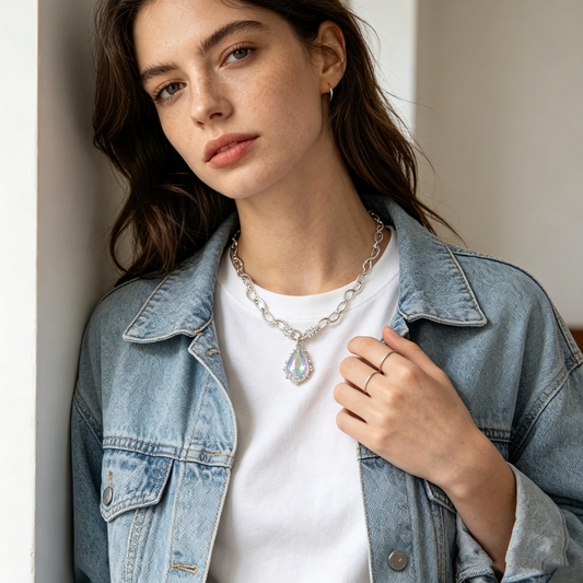 Rainbow Teardrop Crystal Chunky Silver Necklace