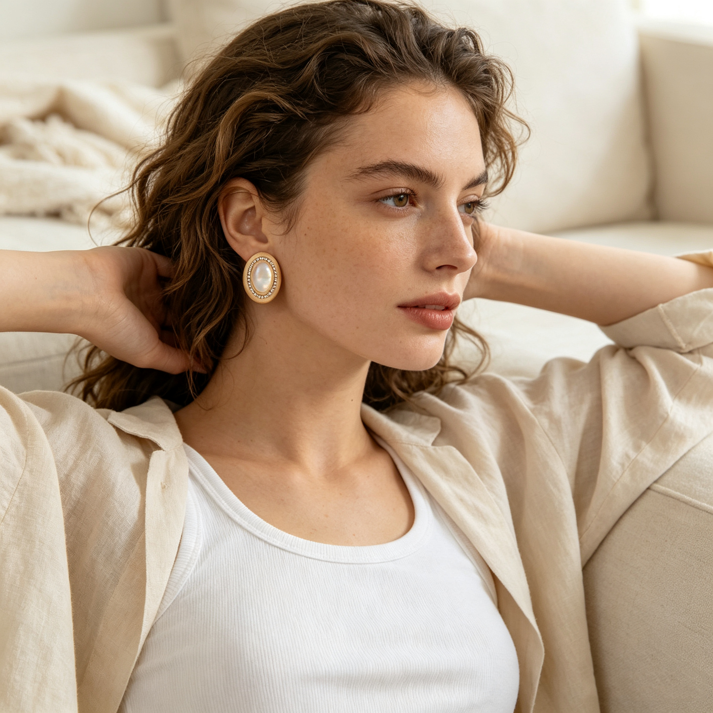 Oval Mother of Pearl Halo Gold Stud Earrings