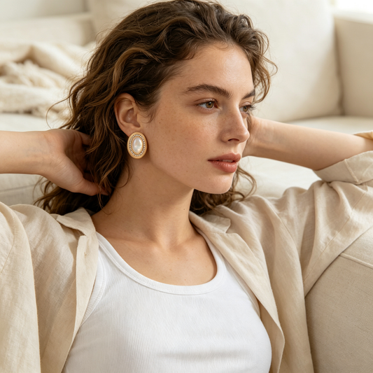 Oval Mother of Pearl Halo Gold Stud Earrings