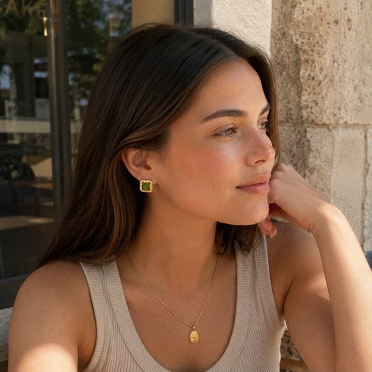 Hammered Square Green Stone Gold Stud Earrings