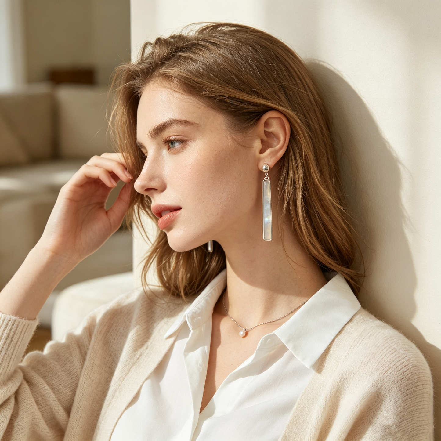 Long Rectangle Moonstone Silver Drop Earrings
