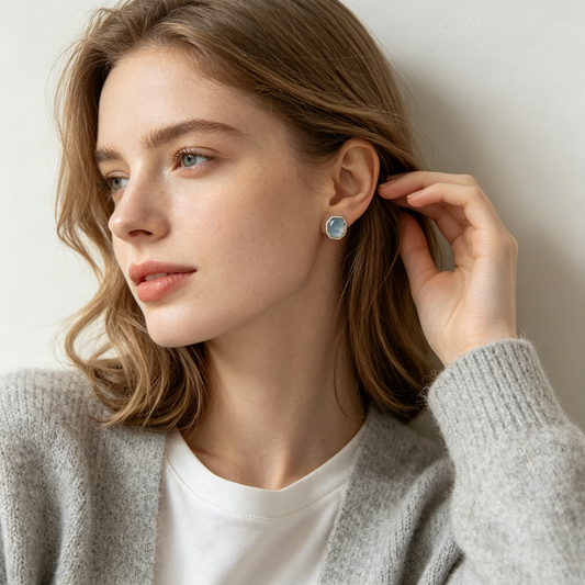 Octagon Light Blue Jade Silver Stud Earrings