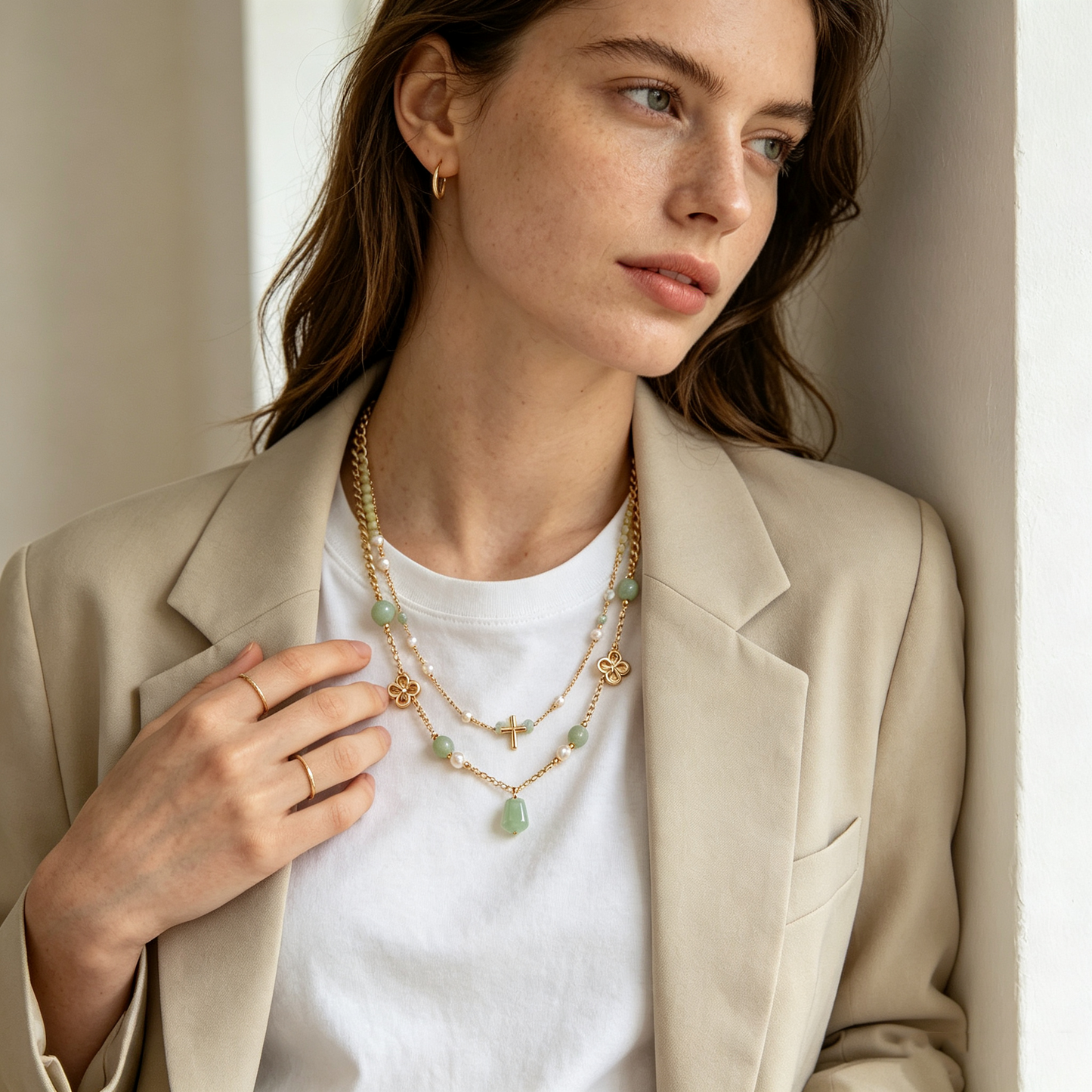 Green Jade Clover Cross Layered Necklace
