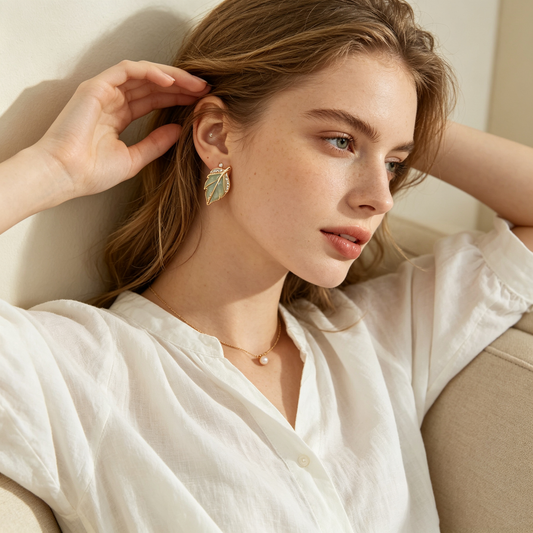 Green Leaf Crystal Gold Stud Earrings