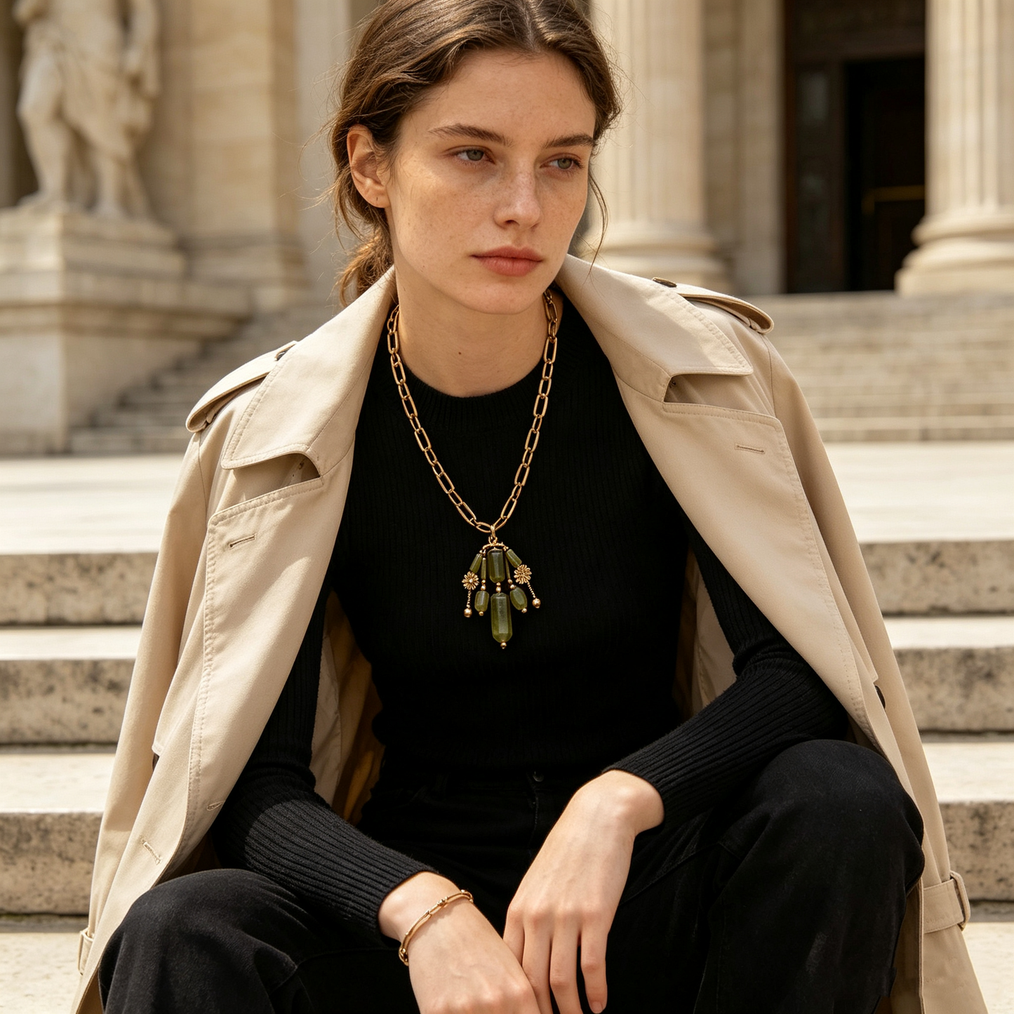 Olive Jade Daisy Paperclip Long Necklace