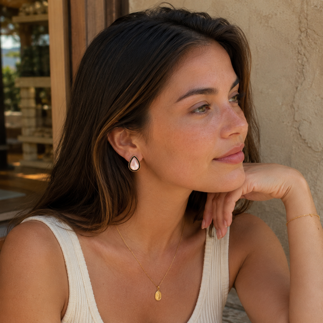 Teardrop Peach Cat Eye Black Crystal Stud Earrings