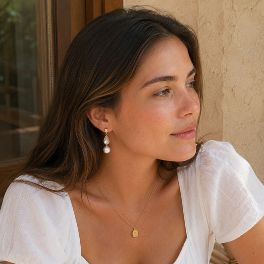 Teardrop Moonstone Pearl Gold Drop Earrings