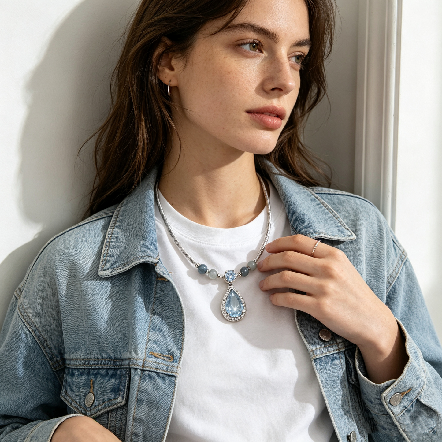 Blue Teardrop Crystal Silver Snake Choker