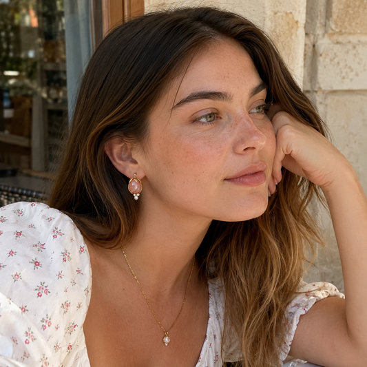 Pink Tulip Pearl Gold Hook Earrings