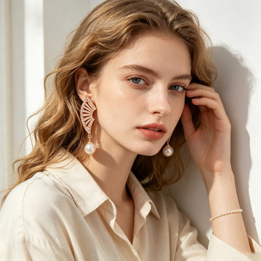Rose Gold Fan Pearl Drop Earrings
