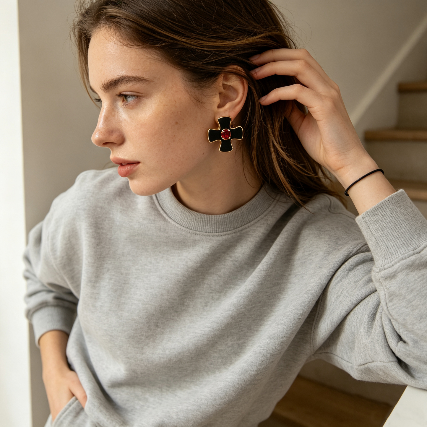 Black Enamel Red Crystal Cross Stud Earrings