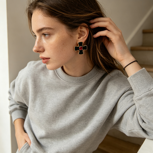 Black Enamel Red Crystal Cross Stud Earrings