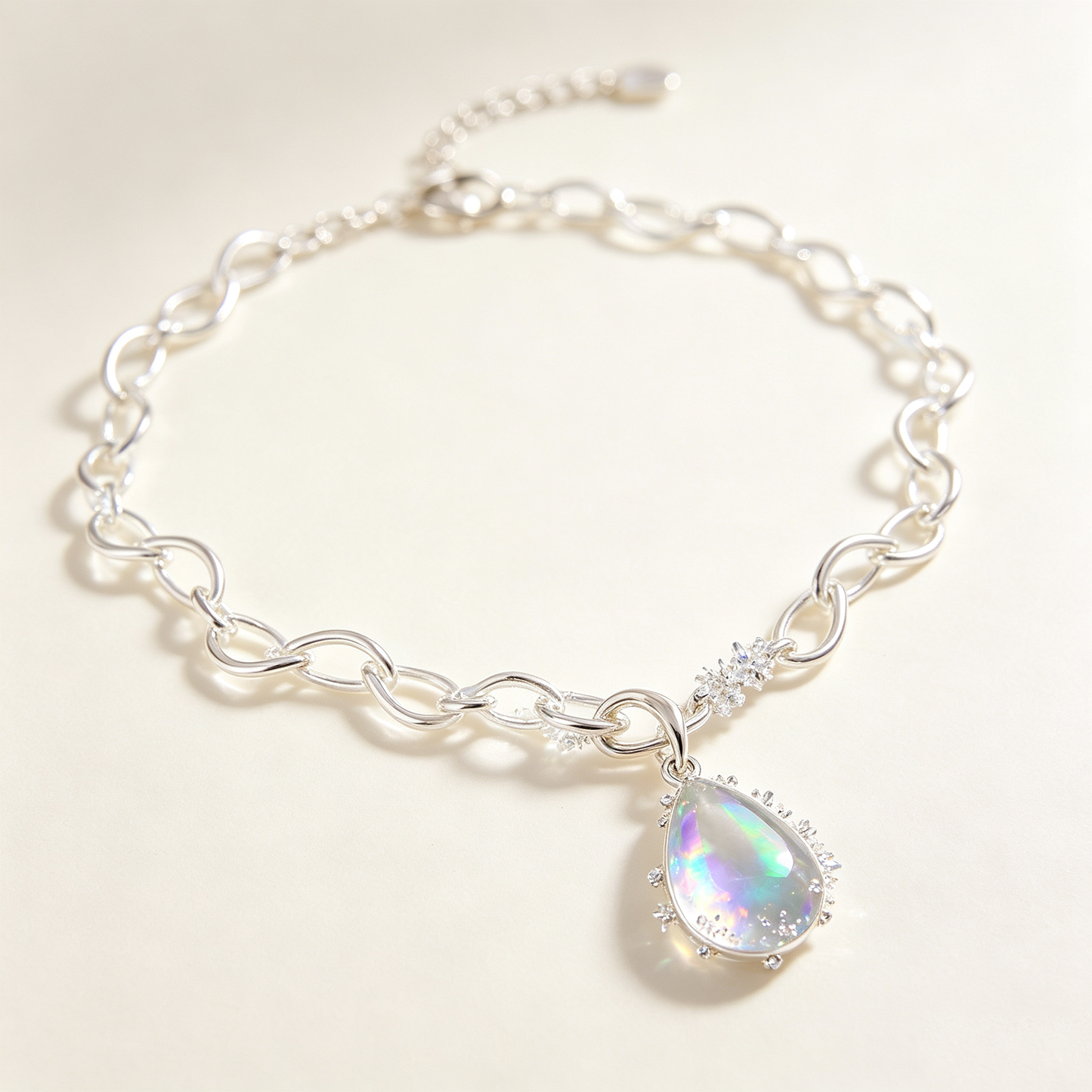 Rainbow Teardrop Crystal Chunky Silver Necklace