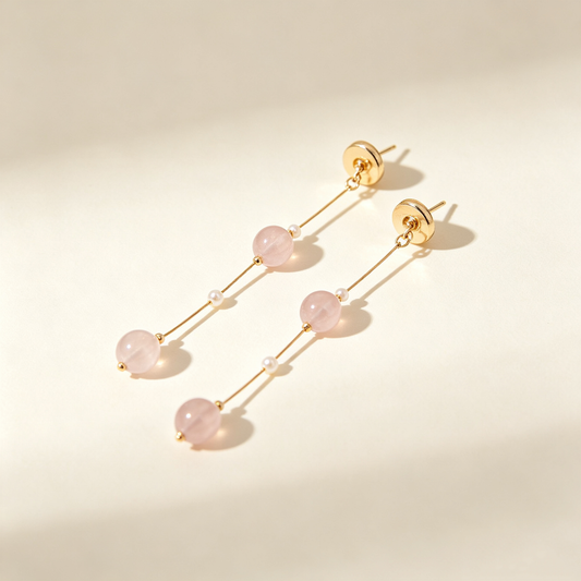 Pink Rose Quartz Long Bead Drop Earrings
