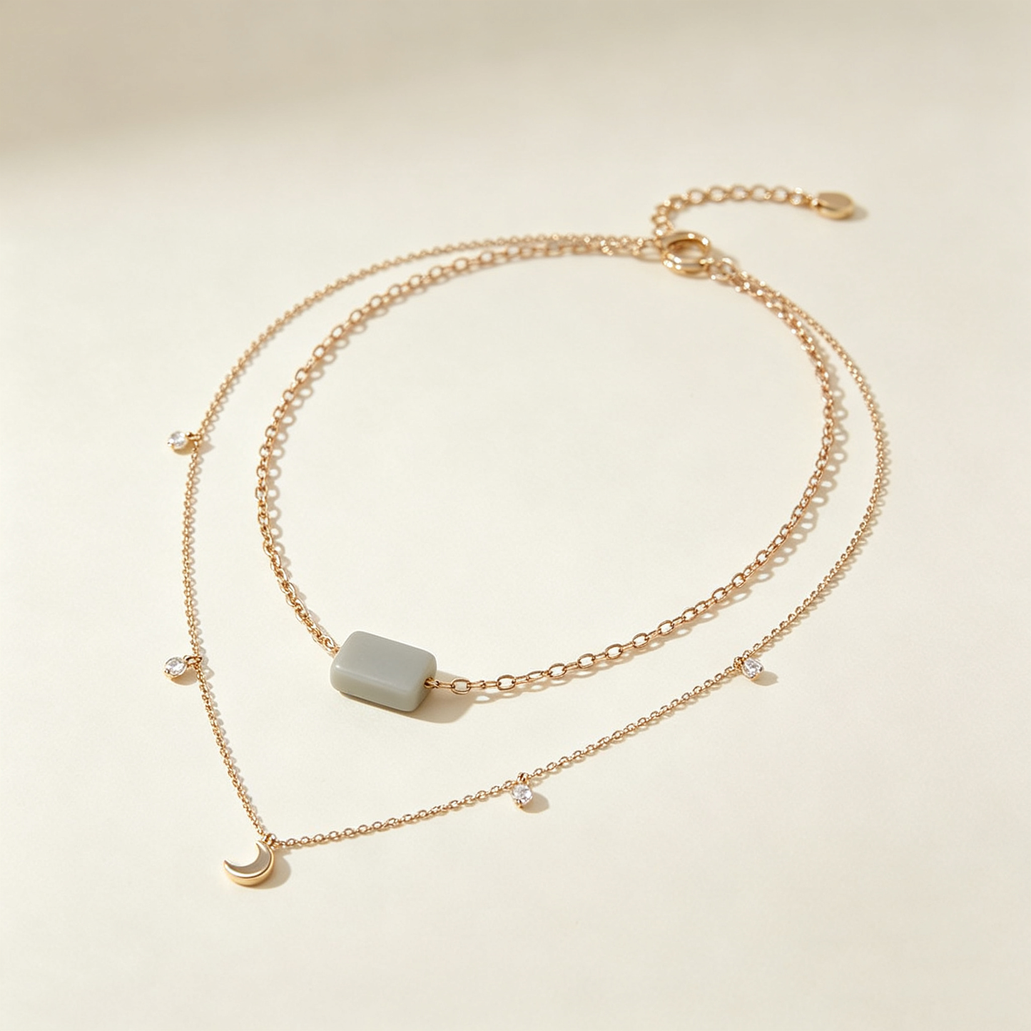 Grey Stone Moon Layered Gold Necklace