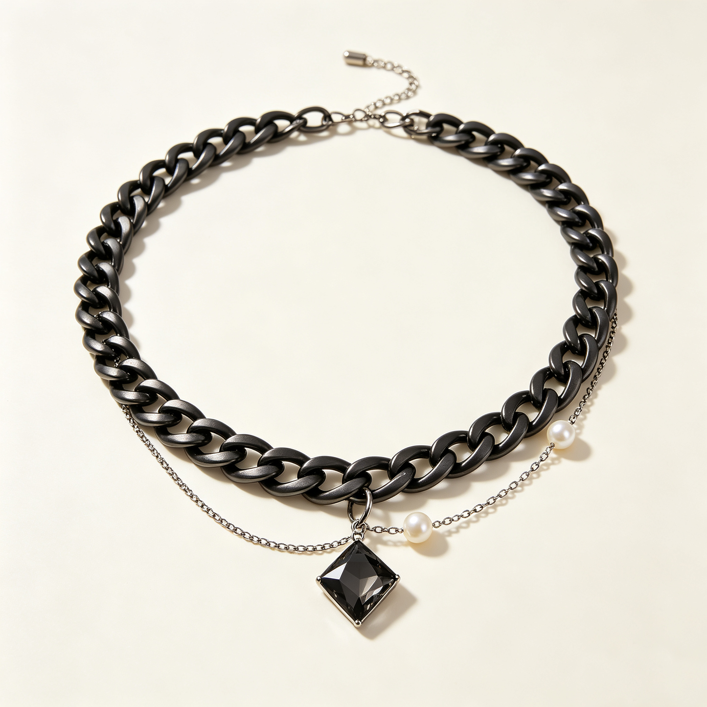 Black Chunky Chain Pearl Square Crystal Choker