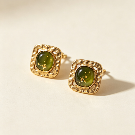 Hammered Square Green Stone Gold Stud Earrings