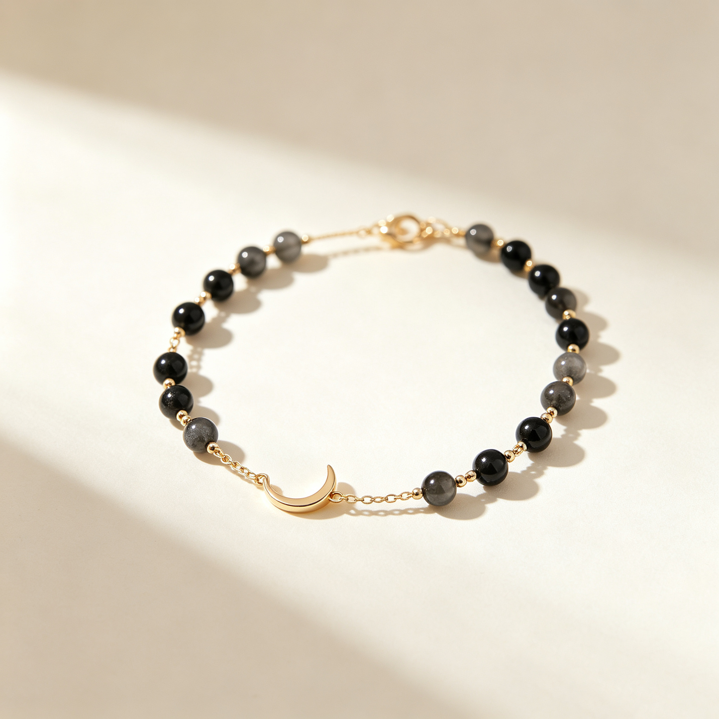 Obsidian Moon Gold Beaded Bracelet