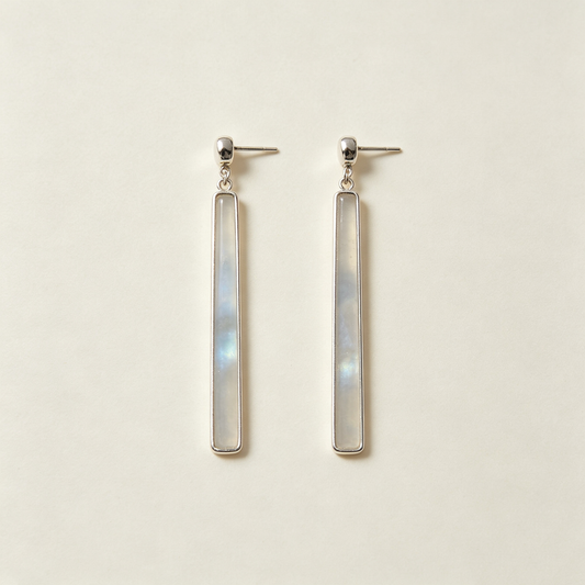Long Rectangle Moonstone Silver Drop Earrings