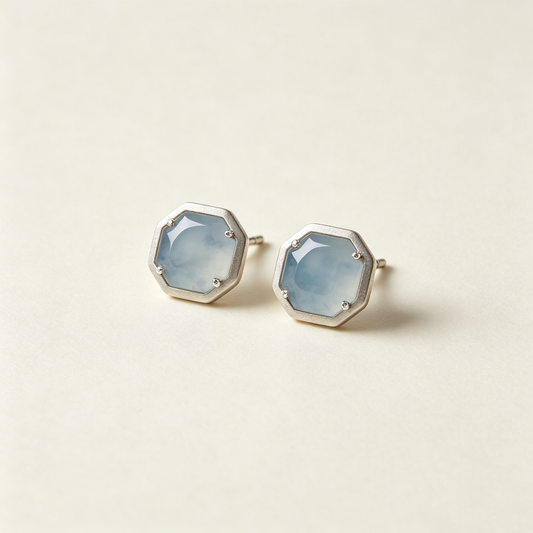 Octagon Light Blue Jade Silver Stud Earrings