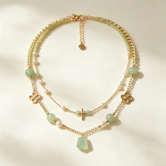 Green Jade Clover Cross Layered Necklace