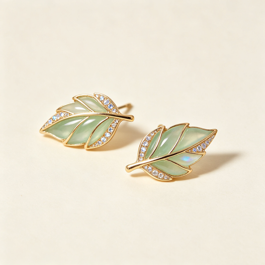 Green Leaf Crystal Gold Stud Earrings