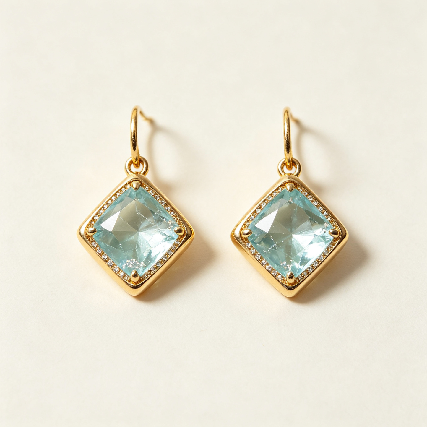 Square Aquamarine Gold Hook Earrings