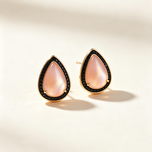 Teardrop Peach Cat Eye Black Crystal Stud Earrings