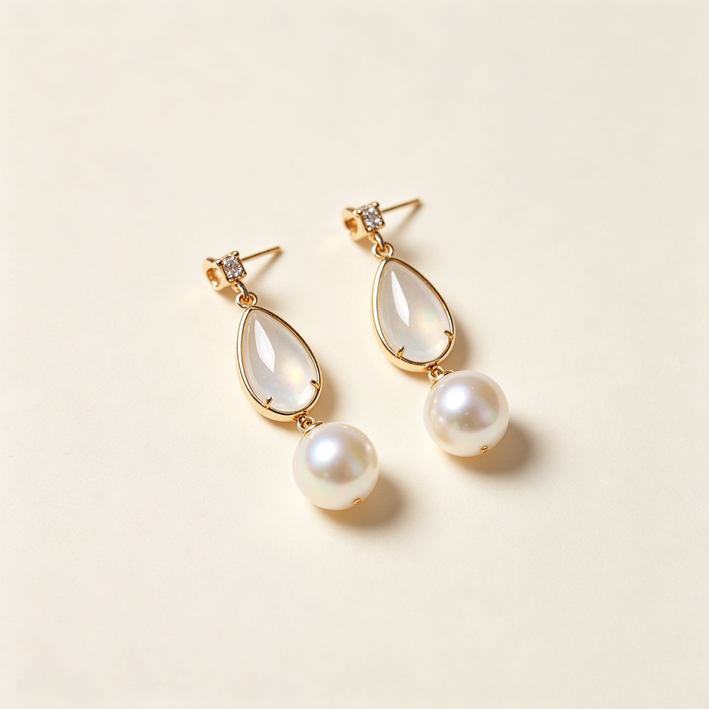 Teardrop Moonstone Pearl Gold Drop Earrings