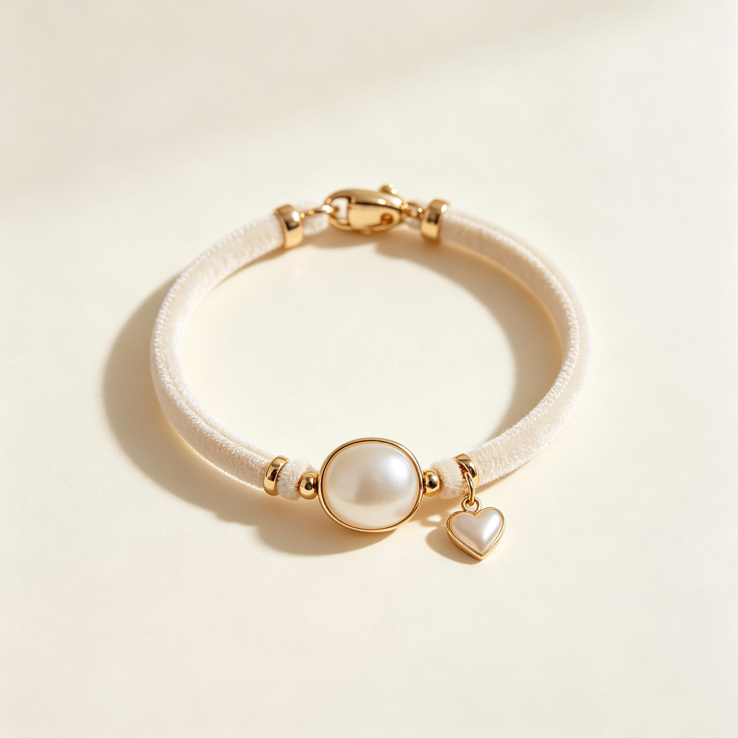 Cream Velvet Pearl Heart Gold Bracelet