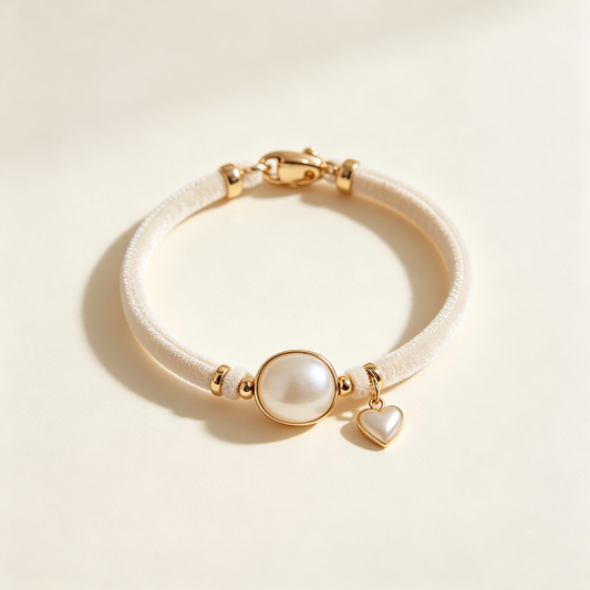 Cream Velvet Pearl Heart Gold Bracelet