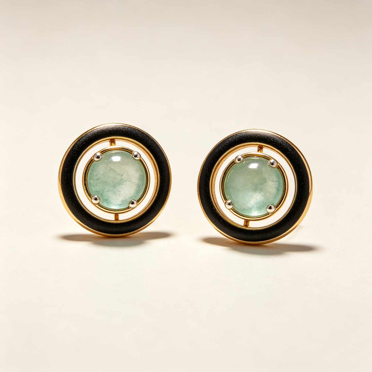 Dual Ring Green Jade Circle Stud Earrings