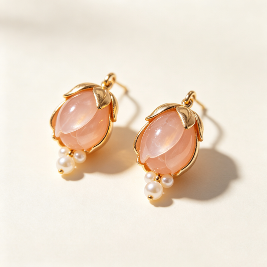 Pink Tulip Pearl Gold Hook Earrings