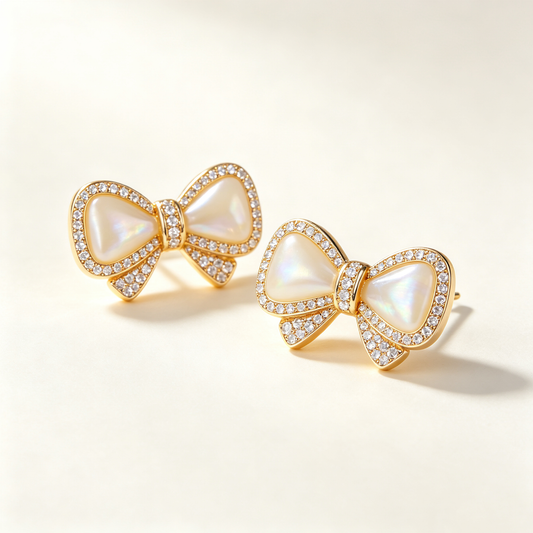 Mother of Pearl Bow Crystal Stud Earrings