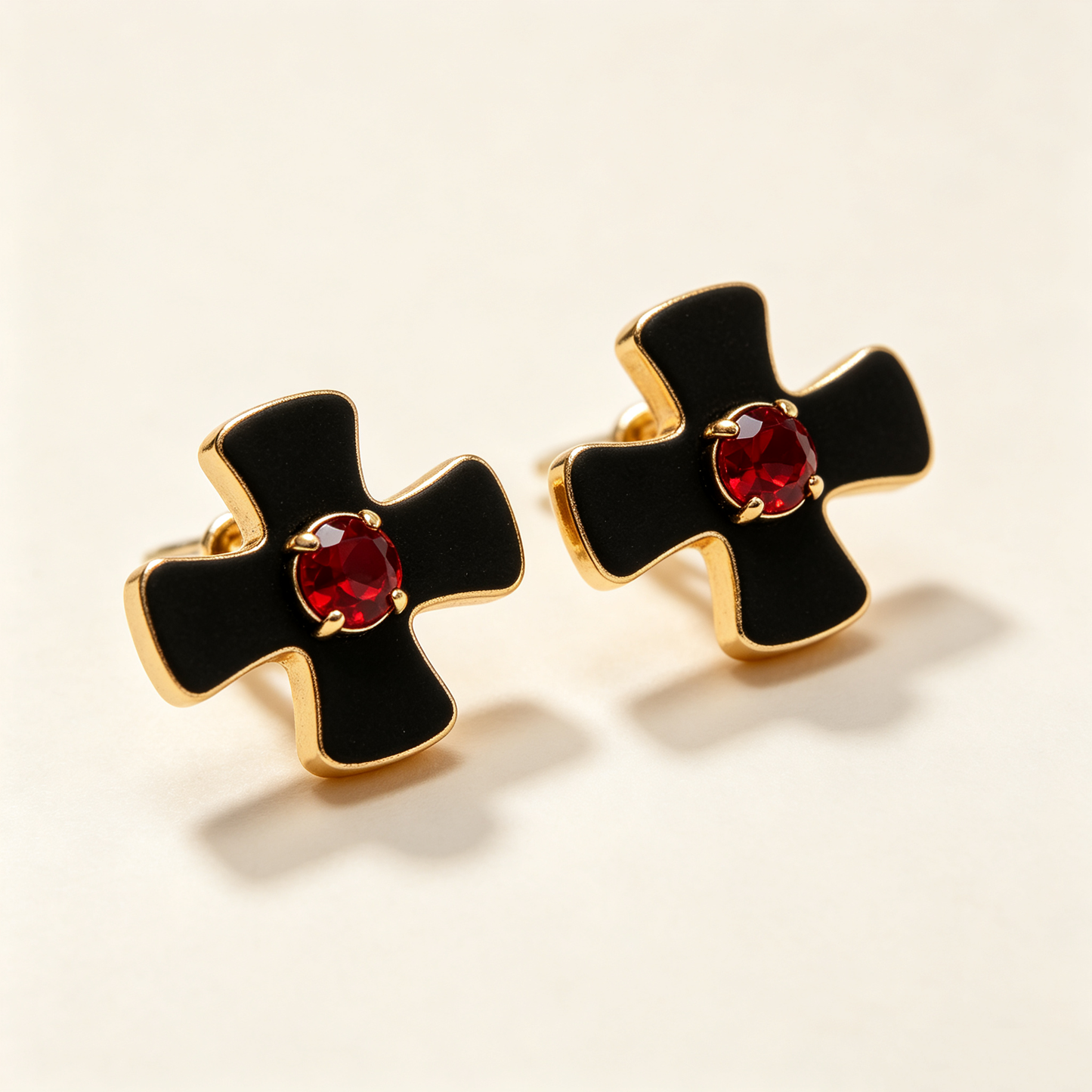 Black Enamel Red Crystal Cross Stud Earrings